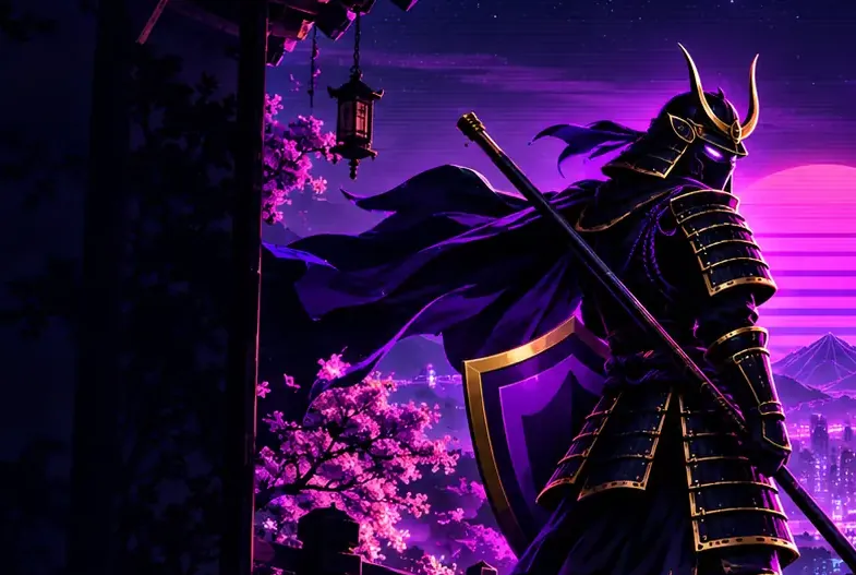 Bonzentu samurai watching over a violet city from a bridge