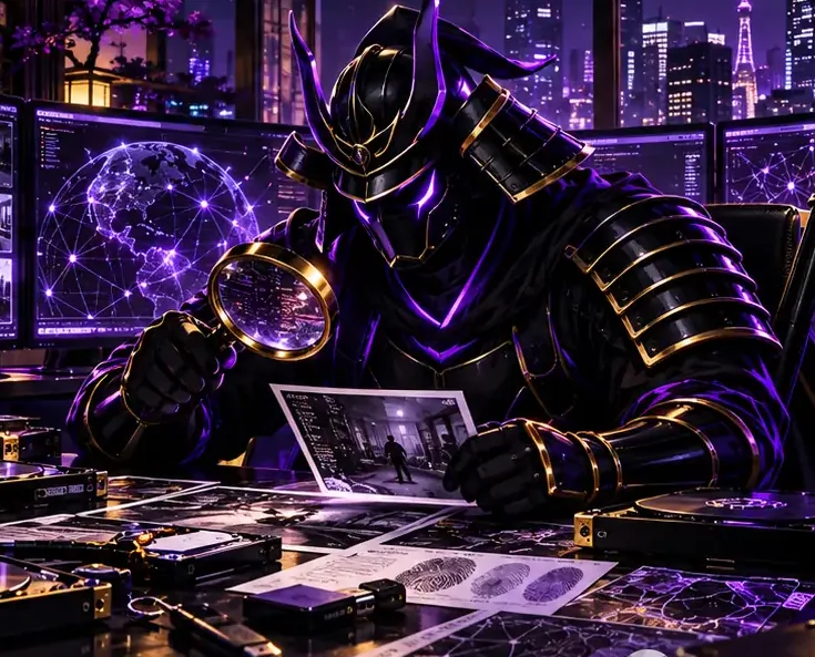 Bonzentu samurai examining evidence at an illuminated desk